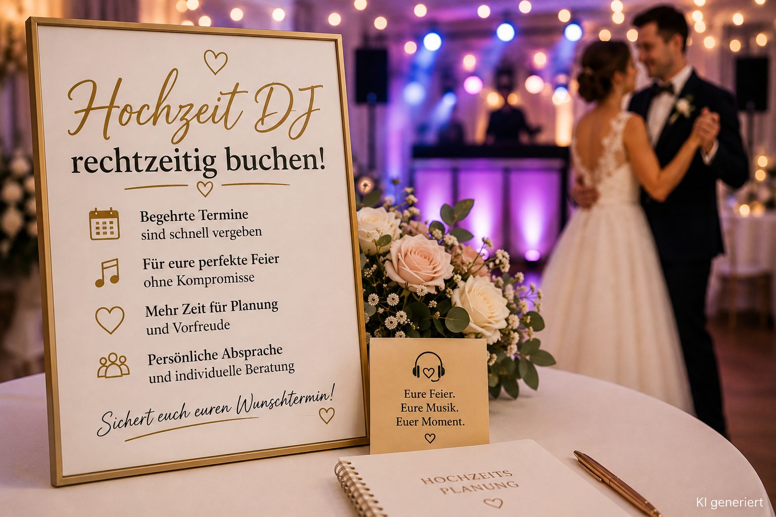 Tischschild 'Hochzeit DJ rechtzeitig buchen' mit Blumenstrauß, im Hintergrund tanzt ein Brautpaar vor dem DJ-Pult