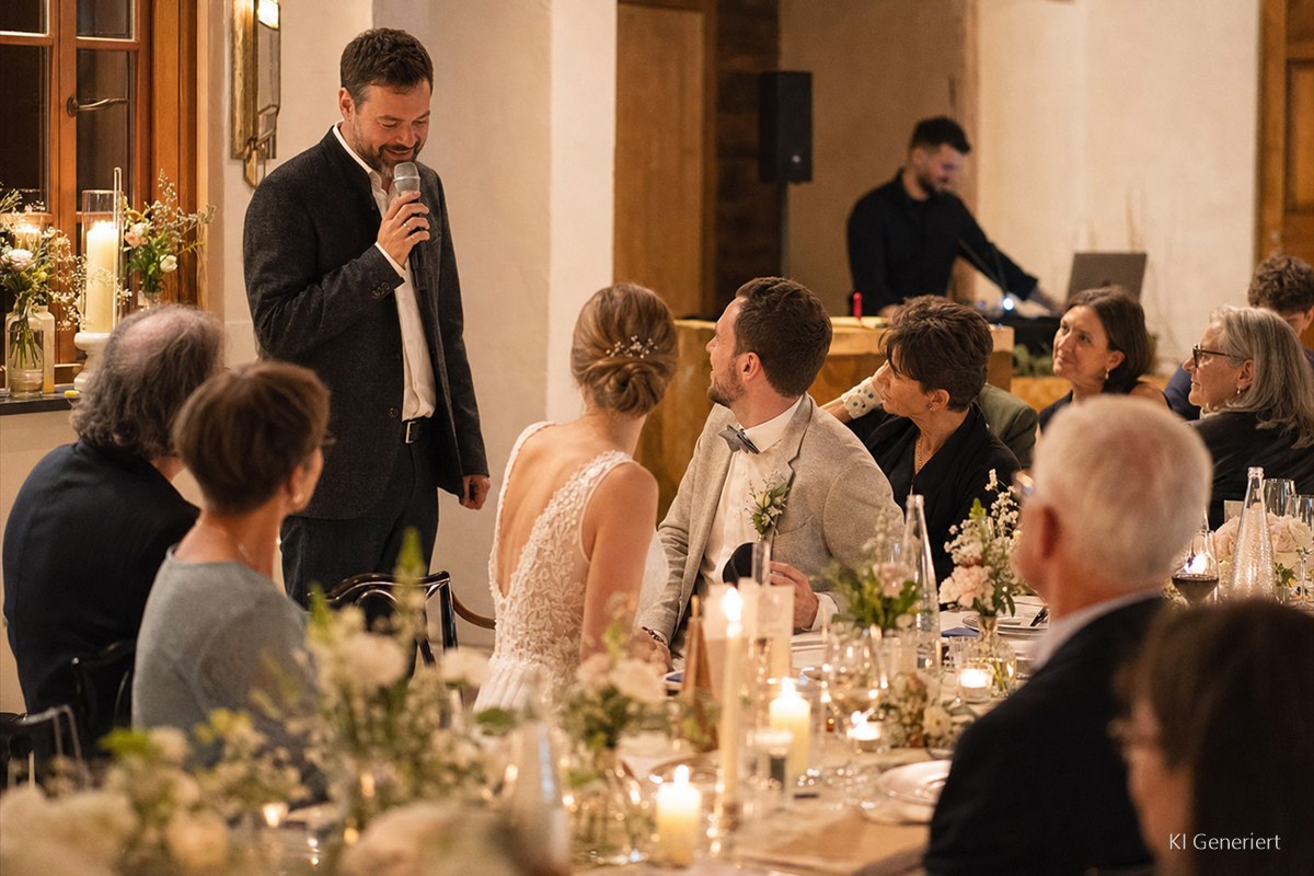 Hochzeitsrede mit Funkmikrofon während des Dinners, DJ begleitet den Ablauf im Hintergrund