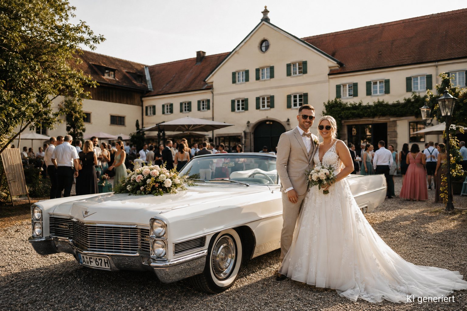 Brautpaar mit weißem Cadillac vor dem Gut Schwabhof bei Augsburg