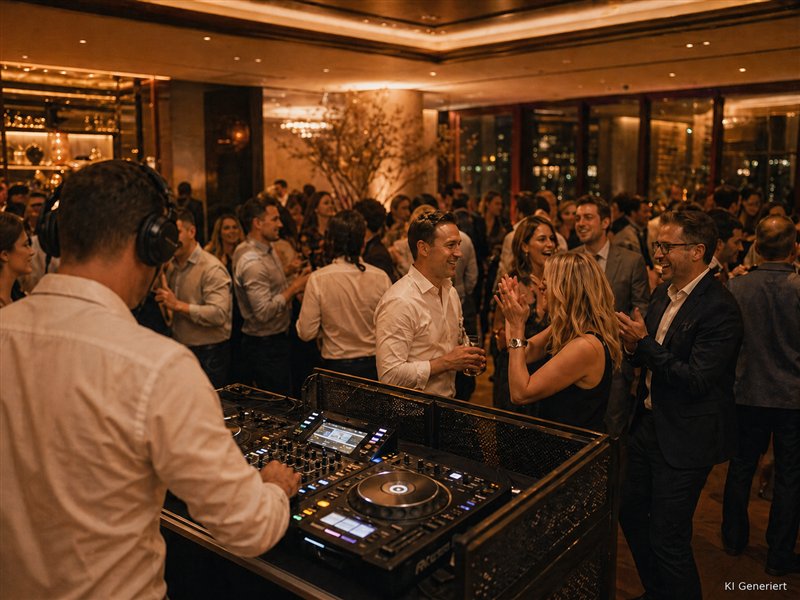 Business-DJ bei einer Firmenweihnachtsfeier mit tanzenden Gästen