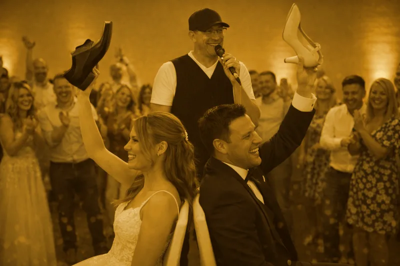 Brautpaar beim Schuhspiel mit Hochzeits DJ Rico Cinsano an der Hochzeit