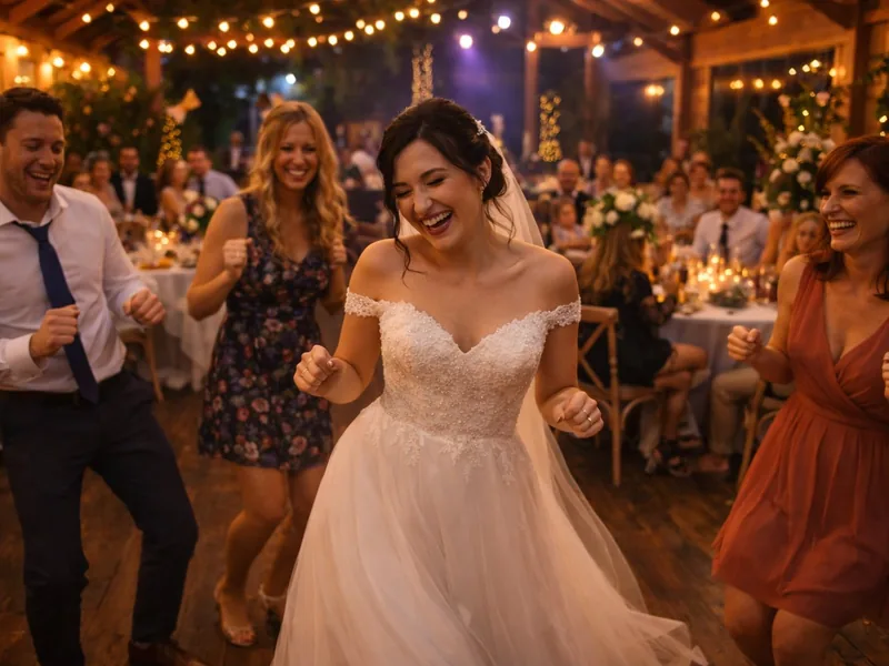 Tanzende Braut zwischen lachenden Gästen auf einer Hochzeit