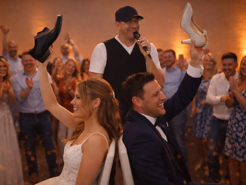 Hochzeits-DJ Rico Cinsano moderiert ein Hochzeitsspiel mit Mikrofon