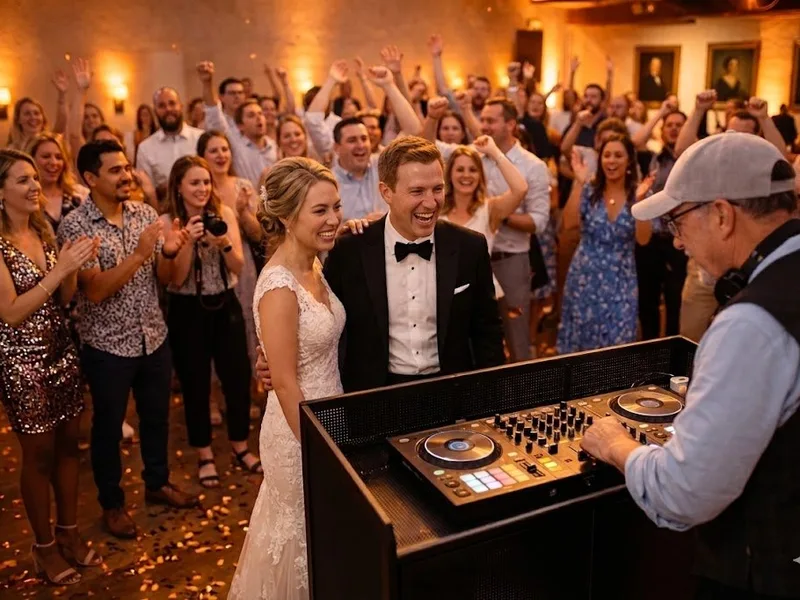 Hochzeitsfeier mit DJ – Brautpaar und Gäste am DJ-Pult
