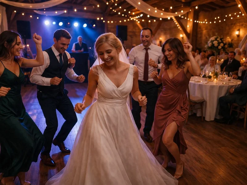 Braut tanzt bei einer Hochzeit mit Lichterketten und Freunden auf der Tanzfläche